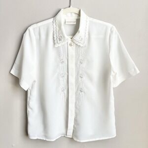 Vintage Top Women's 8P Cream White Floral Embroidery Beading Cottage Sweet Boxy